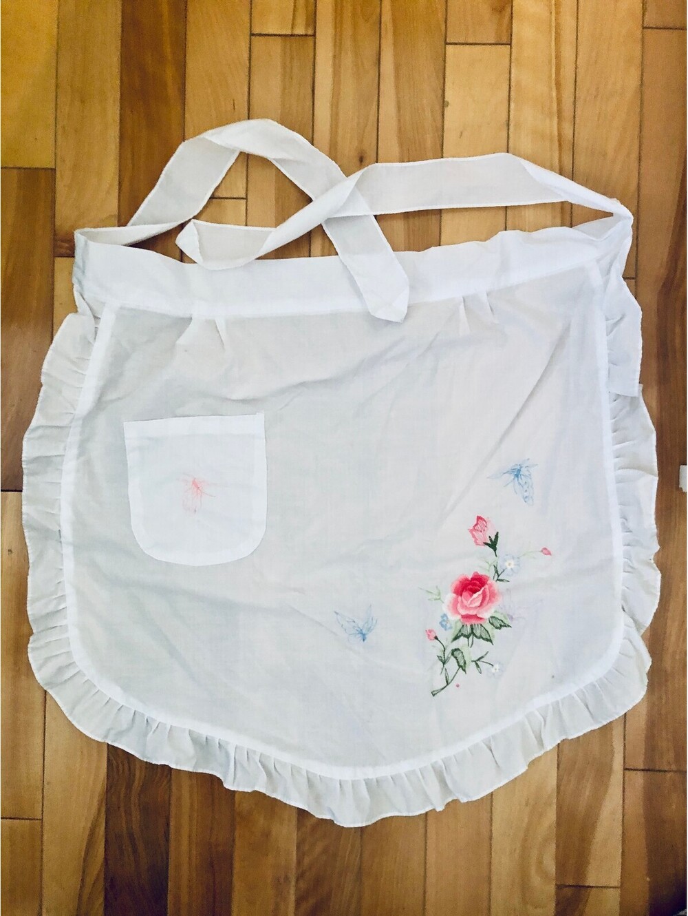 Vintage Embroidered Floral Apron Cottagecore Embroidery Flowers Birds Kitchen